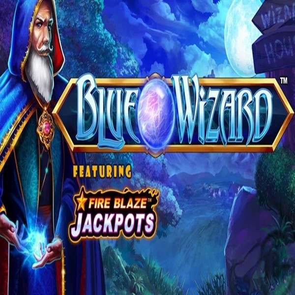 Blue Wizard Fire Blaze Jackpots logo by Rarestone Gaming at Spinju Casino